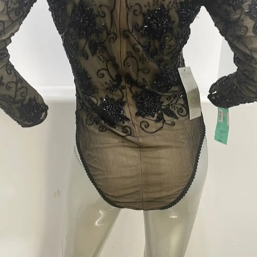 Bob Mackie Special Occasion Beaded Long Sleeve  Bodysuit Black Size S - Picture 8 of 14